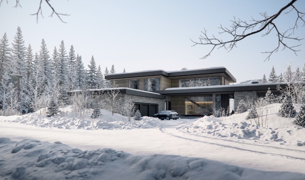 Daytime view of the Apex 51 lodge exterior surrounded by snow-laden forest
